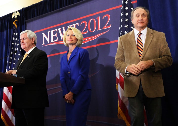 Michael Reagan campaigns in 2012 with then-U.S. Republican presidential candidate and former Speaker of the House Newt Gingrich, left, and his wife, Callista, center.