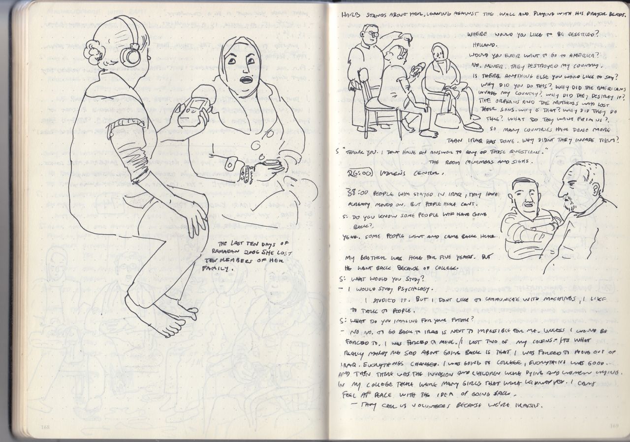 A sketch and notes from Sarah Glidden's notebook.
