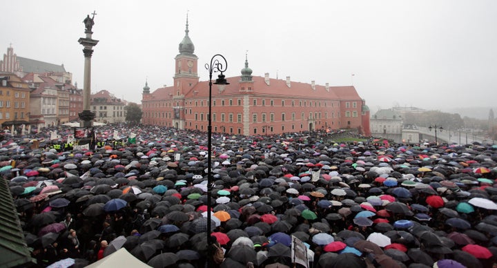 Thousands of people gather during an abortion rights campaigners' demonstration to protest against plans for a total ban on a