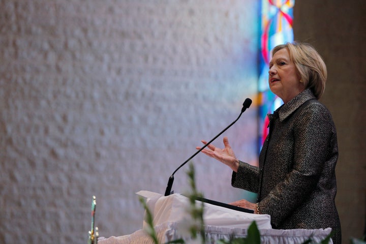 U.S. Democratic presidential nominee Hillary Clinton speaks during church services at the Little Rock AME Zion Church in Char