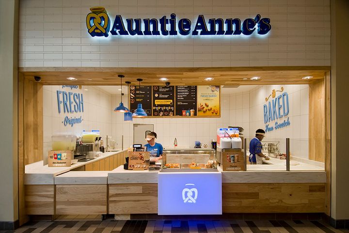 A brand-new Auntie Anne's store outfitted in the chain's sleek redesign. Auntie Anne's pretzel recipe hasn't changed since the company's founding in the late '80s.