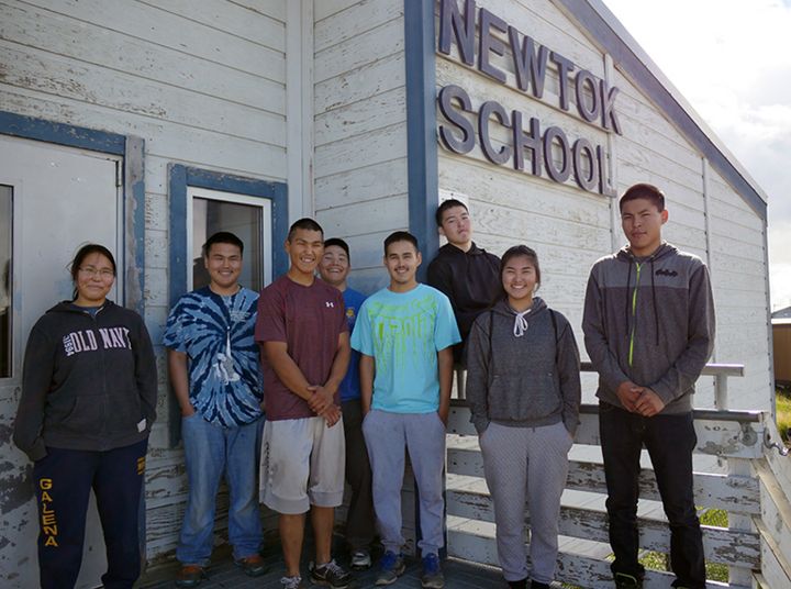 The class of 2016 could be one of the last to graduate from the Newtok School. (From left to right: TeddieAnn Tom, Byron George, Scott Charlie, Isaiah Charles, Brandon Queenie, Alexie Julius, Nadine Kilongak, and Nathaniel Simon)