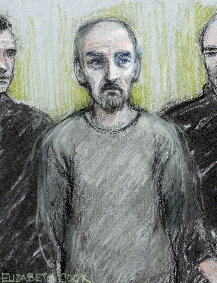 A court sketch of Thomas Mair who is due to enter a plea today over the murder of MP Jo Cox