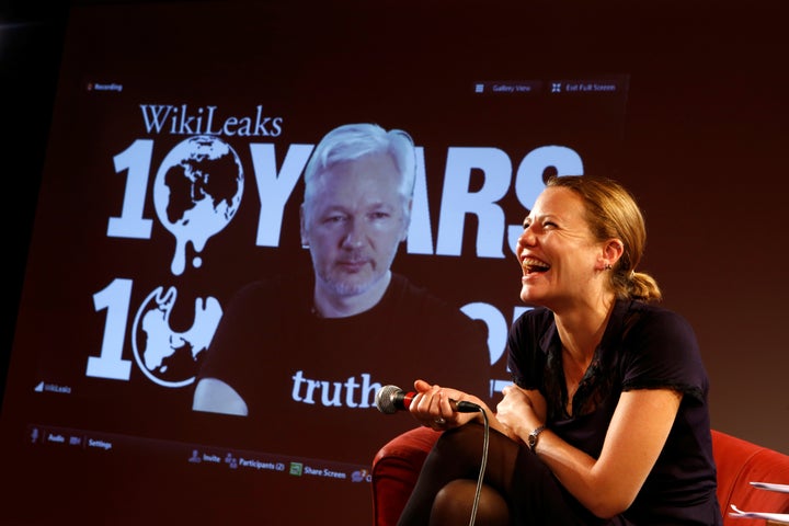 WikiLeaks founder Julian Assange appears via video link with the site's journalist Sarah Harrison at a press conference on the 10th anniversary celebration of the whistle-blowing website in Berlin, Germany.