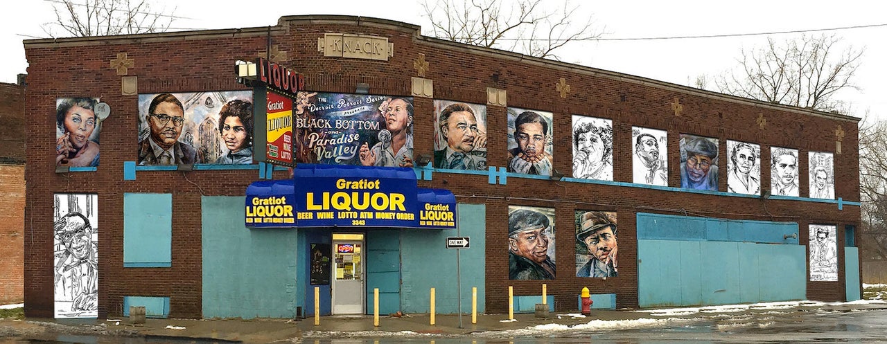 A series of portraits by Nicole Macdonald in a building on Gratiot Avenue in Detroit, painted for Murals in the Market.