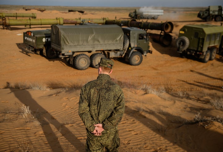 An S-300PM air defence missile system during a joint military drill by Air Force and Air Defence Force units of Russia's Central Military District, at Ashuluk.