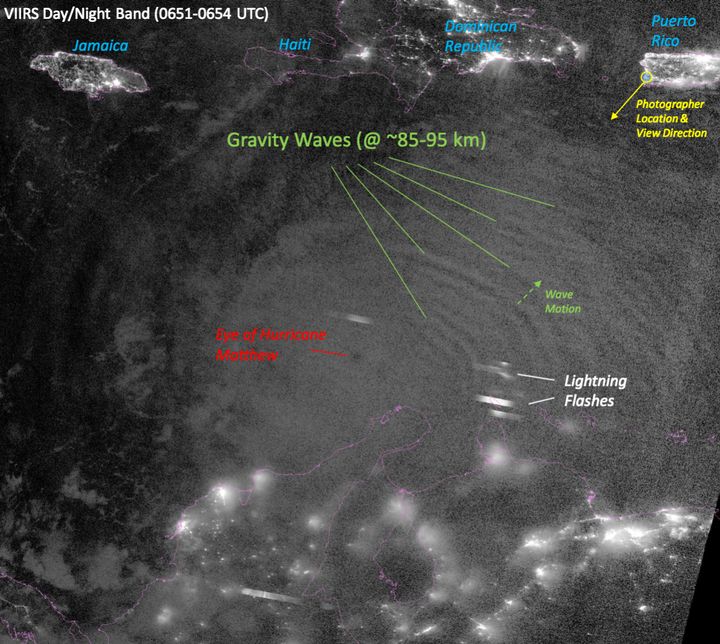This satellite image shows the photographer's location (top right) as well as the site of the gravity waves, lightning flashes and the eye of Hurricane Matthew.