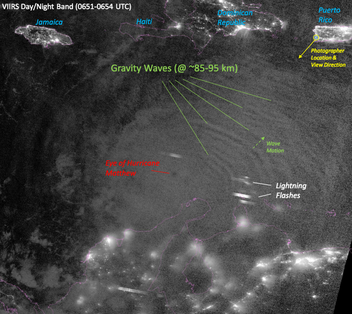 This satellite image shows the photographer's location (top right) as well as the site of the gravity waves, lightning flashe