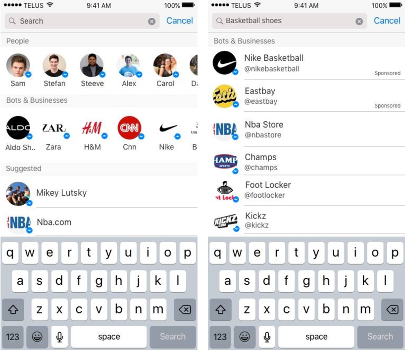 Upon clicking the search bar, users are returned with a list of both their favourite friends and bots. Upon using search bar,