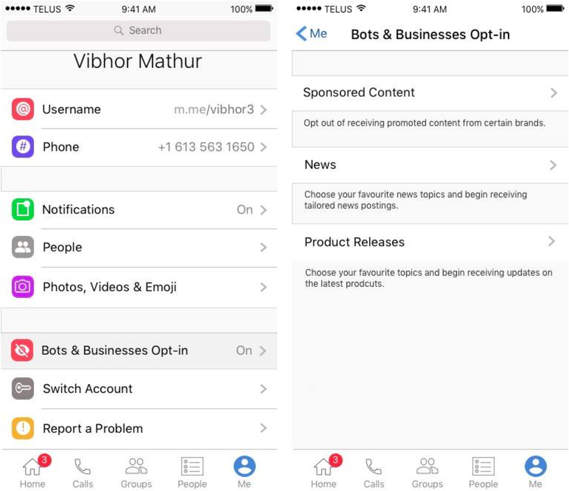 On “Me” tab in Messenger, Facebook provides users with the ability to opt-in/out of certain bot-related material. This i
