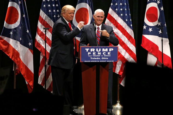 Trump brings Pence onstage as he rallies in Toledo, Ohio.