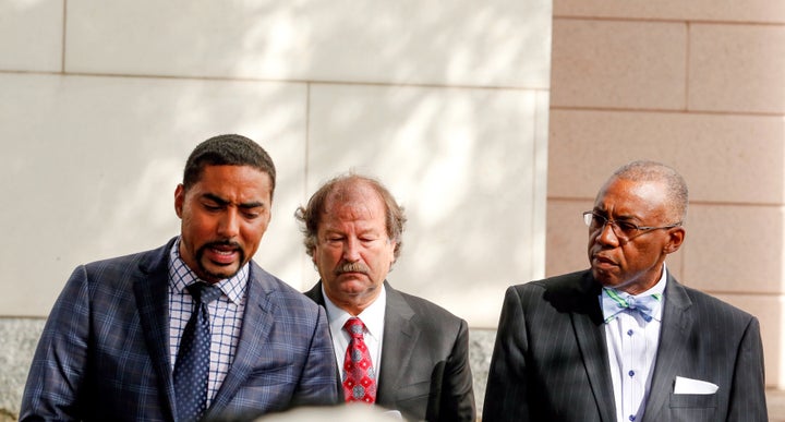 Keith Scott family attorneys Justin Bamberg, Charles Monnett and Eduardo Curry (left to right) give a press conference in Charlotte, North Carolina, on Sept. 22.