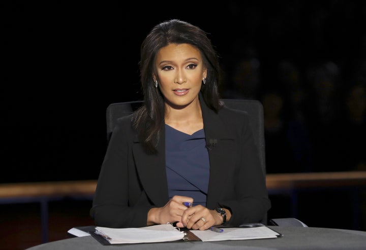 Debate moderator Elaine Quijano speaks during the debate between the vice presidential nominees, Democratic Sen. Tim Kaine (Va.) and Republican Indiana Gov. Mike Pence.