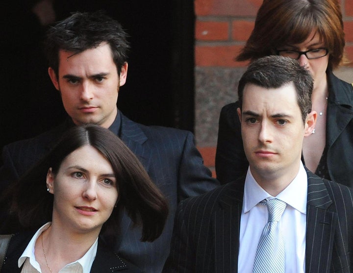 <strong>Sons Anthony Darwin (front right) and Mark Darwin (rear left) leave Teeside Crown Court</strong>