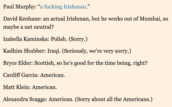 The FT Alphaville blog listing its journalists and their nationalities