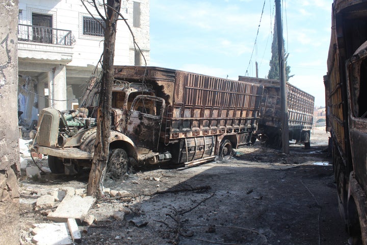 The wreckage of Syrian Red Crescent aid trucks at Urum al-Kubra region in Aleppo, Syria, after the airstrikes on Sept. 20.