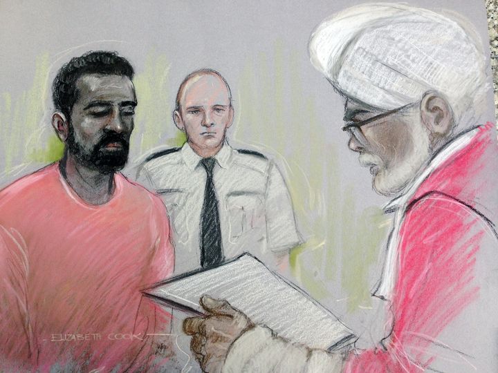 <strong>Court sketch of Simpson-Kent appearing before Mr Justice Singh</strong>