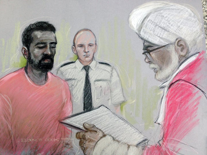 Court sketch of Simpson-Kent appearing before Mr Justice Singh