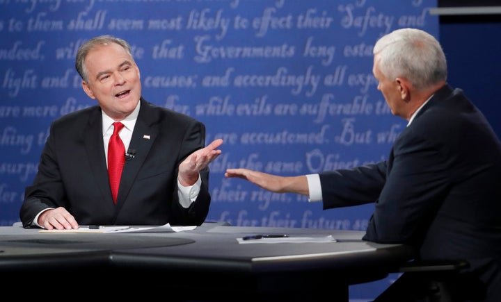 Democratic U.S. vice presidential nominee Senator Tim Kaine (L) and Republican U.S. vice presidential nominee Governor Mike Pence debate during their vice presidential debate at Longwood University in Farmville, Virginia, U.S., October 4, 2016.