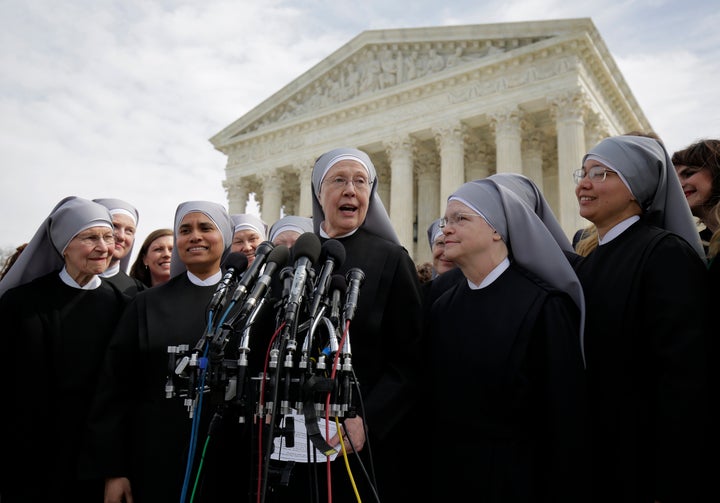 Sister Loraine McGuire with Little Sisters of the Poor speaks to the media after Zubik v. Burwell, an appeal brought by Christian groups demanding full exemption from the requirement to provide insurance covering contraception under the Affordable Care Act, was heard by the U.S. Supreme Court in Washington March 23, 2016.