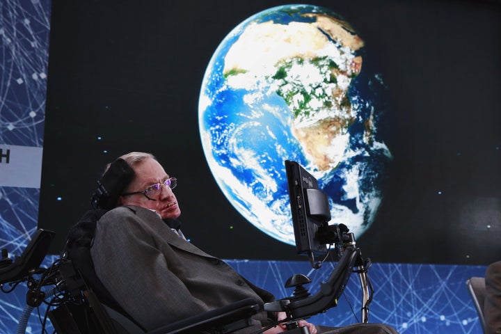 At age 74, Stephen Hawking sits onstage during an announcement of the Breakthrough Starshot initiative with investor Yuri Milner in New York on April 12, 2016.