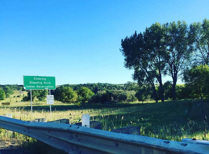 A sign points the way to the Standing Rock Reservation.