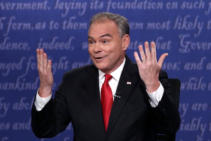 Democratic vice presidential nominee Tim Kaine speaks during the Vice Presidential Debate with Republican vice presidential nominee Mike Pence at Longwood University on October 4, 2016 in Farmville, Virgini