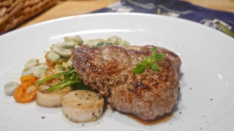 Lemongrass & red chilli sirloin steak; abalone mushroom "scallops"; ginger & mirin carrot noodles