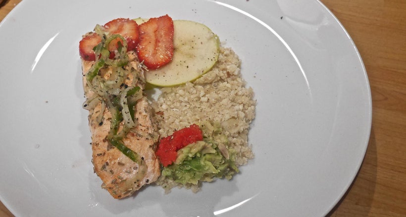 Lemongrass & rosemary salmon; garlic, ginger & black truffle cauliflower "rice"; cider vinegar & nigella cucumber pickles