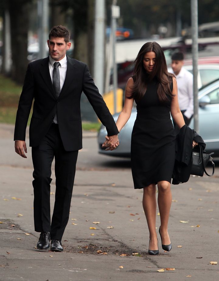 Footballer Ched Evans with partner Natasha Massey, arriving at Cardiff Crown Court