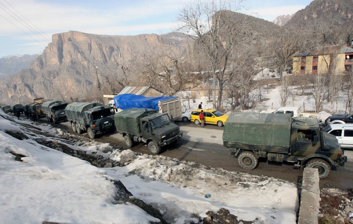 A Turkish military convoy in the south-eastern Turkish border town of Cukurca, bordering Iraq. Turkey’s parliament voted last week to extend the deployment of an estimated 2,000 troops across northern Iraq by a year.