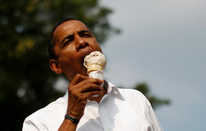 Obama enjoying an ice cream cone.