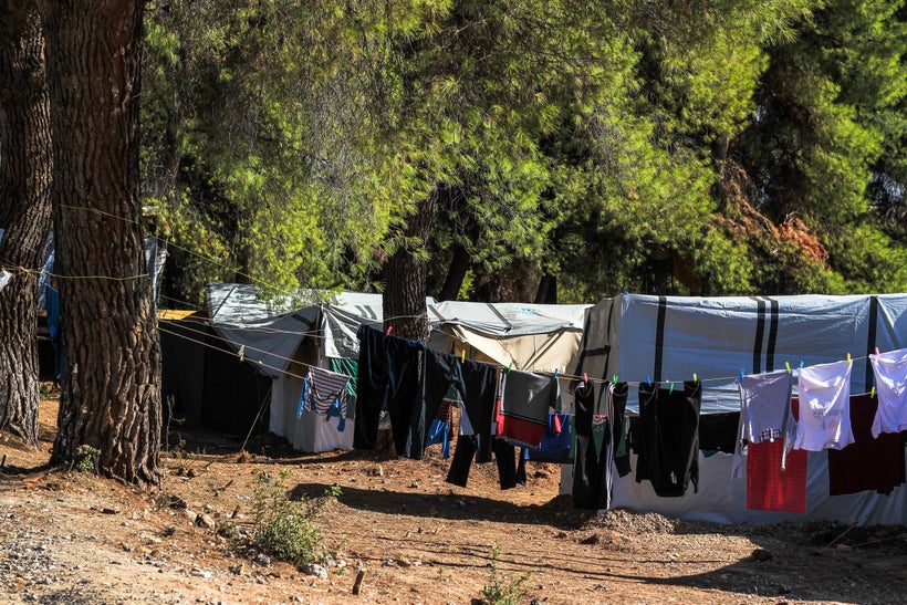 A clothes line in front of the tents at Ritsona Refugee Camp.