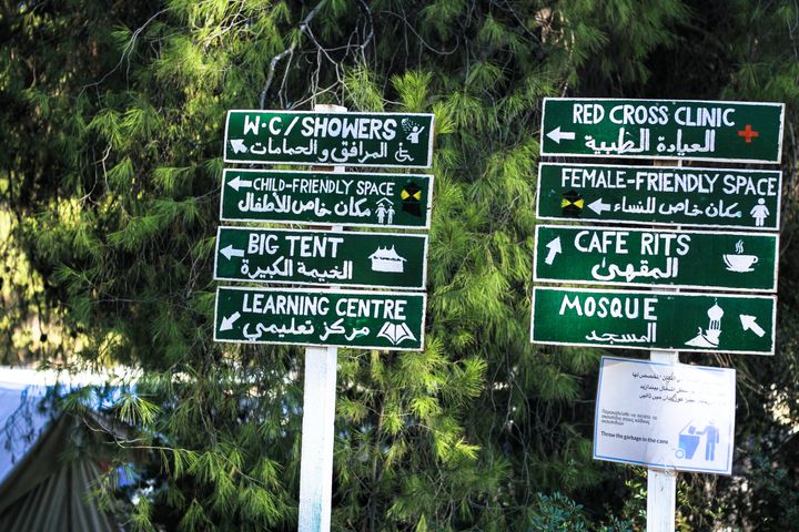Directional signs at Ritsona Refugee Camp.