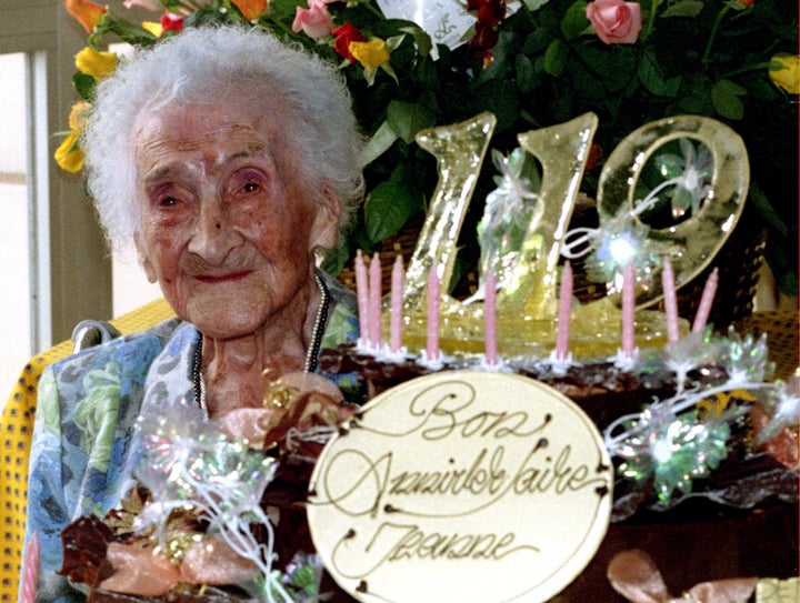 The world's oldest woman, Jeanne Calment, celebrating her 119th birthday. Calment who died in 1997, lived to the age of 122 and has the longest documented lifespan in history.