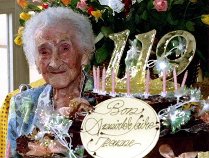 The world's oldest woman, Jeanne Calment, celebrating her 119th birthday. Calment who died in 1997, lived to the age of 122 and has the longest documented lifespan in history.