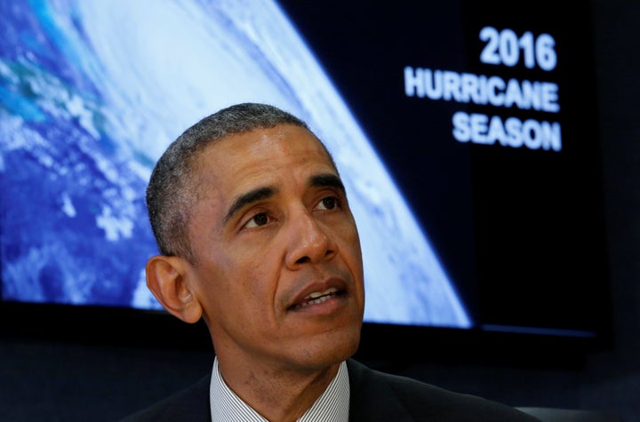 U.S. President Barack Obama speaks during a meeting at FEMA Headquarters, where he received the Hurricane Preparedness Briefi