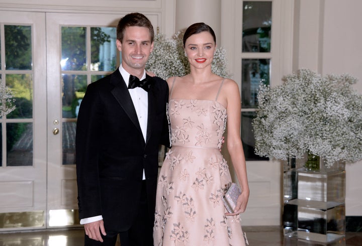 Snapchat CEO Evan Spiegel with his fiancée, Australian model Miranda Kerr. 