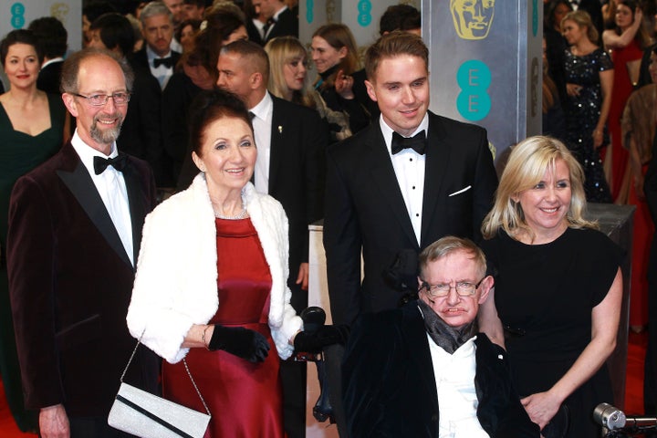 Stephen Hawking, Jane Wilde Hawking and family attend the British Academy Film Awards at The Royal Opera House on Feb. 8, 2015 in London.