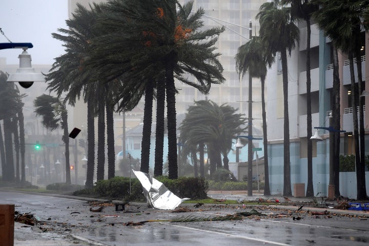 Debris flies through the air as the eye of Hurricane Matthew nears Daytona Beach, Florida, U.S. October 7, 2016.