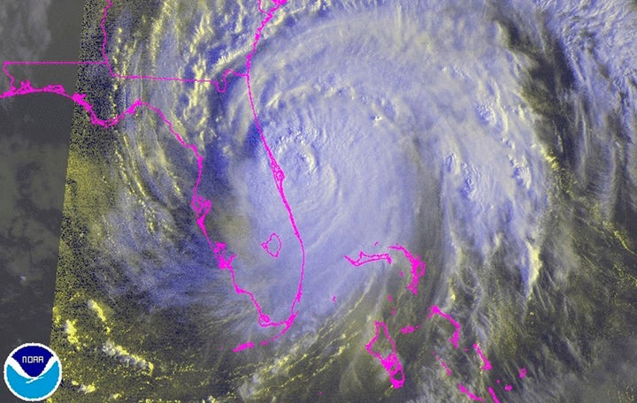 Hurricane Matthew is seen moving up the east coast of Florida in this image from NOAA's GOES-East satellite taken at 07:45am
