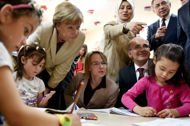 Merkel visits a classroom in Gaziantep, Turkey on April 23.