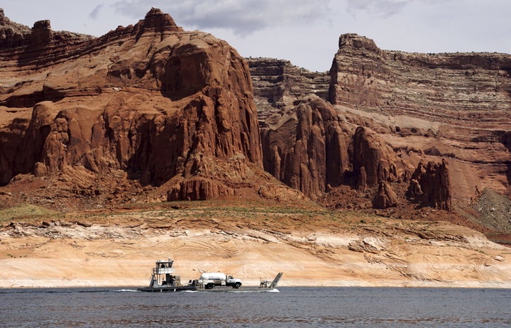 Lake Powell on the Colorado River provides water for Nevada, Arizona and California. The severe drought has depleted its levels to about 50 percent of its capacity.