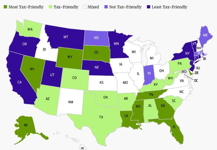 The states that are most friendly -- and least friendly -- to retirees when it comes to taxes.