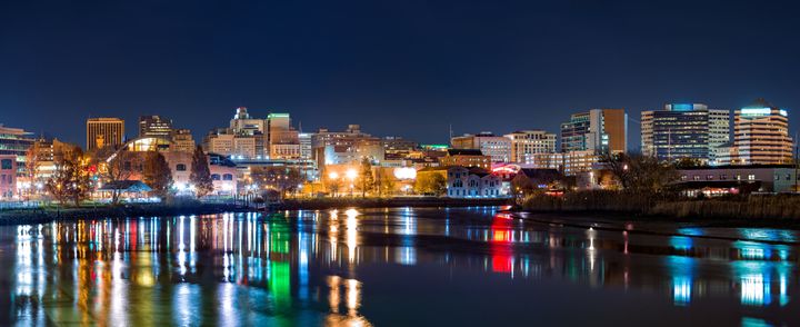 The Wilmington, Delaware skyline at night.