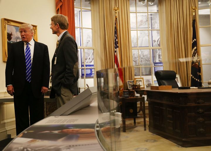 GOP presidential nominee Donald Trump visits a mockup of the Oval Office at the Gerald R. Ford Presidential Museum last month. Some Republicans worry that Trump will not change his demeanor or focus if he is elected.