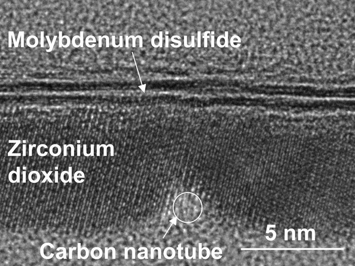 Transmission electron microscope image of a cross-section of the transistor. It shows the ~ 1 nanometer carbon nanotube gate and the molybdenum disulfide semiconductor separated by zirconium dioxide which is an insulator