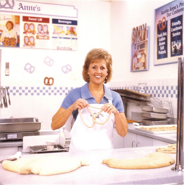 Auntie Anne Beiler rolls her signature pretzels at an Auntie Anne’s in the 1990s.