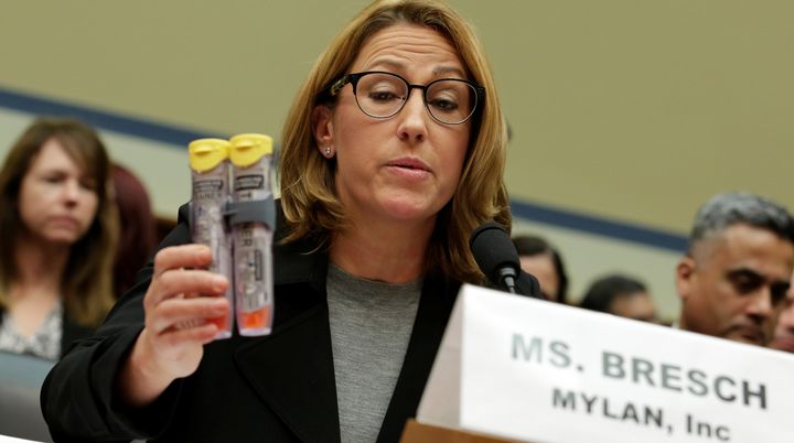 Mylan NL CEO Heather Bresch holds EpiPens during a House Oversight and Government Reform Committee hearing on the rising price of EpiPens at the Capitol in Washington, U.S., September 21, 2016.