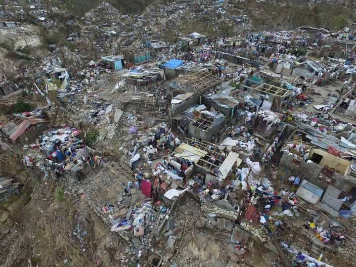 Buildings destroyed and damaged by Hurricane Matthew are seen in Jeremie, in western Haiti, on October 7, 2016.